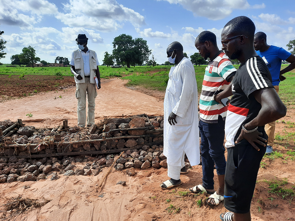 Les interventions mécaniques, telles que les digues de pierre illustrées ci-dessus, sont indispensables pour freiner la grave érosion des sols dans le bassin arachidier. Photo prise par Matar Diaga Sarr.